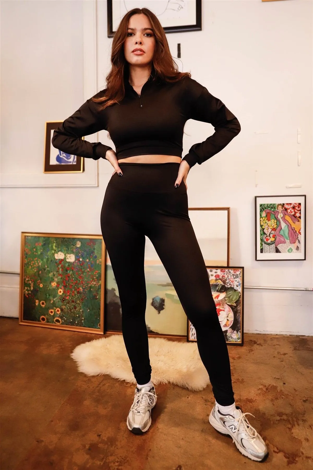 Black Shine Half Zip Front Mock Neck Cropped Top & High Waist Leggings Set /2-2