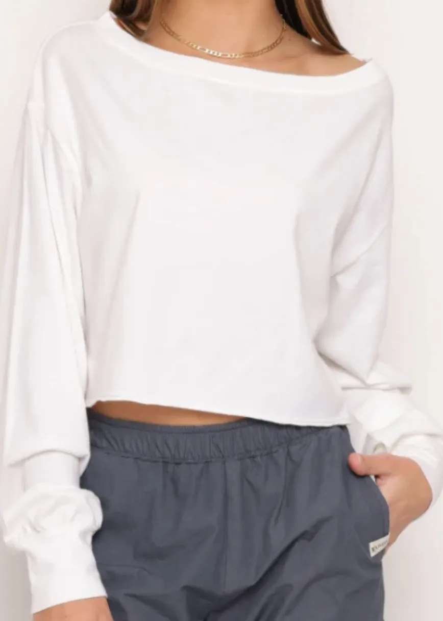 Boat Neck Long Sleeve Cropped Tee