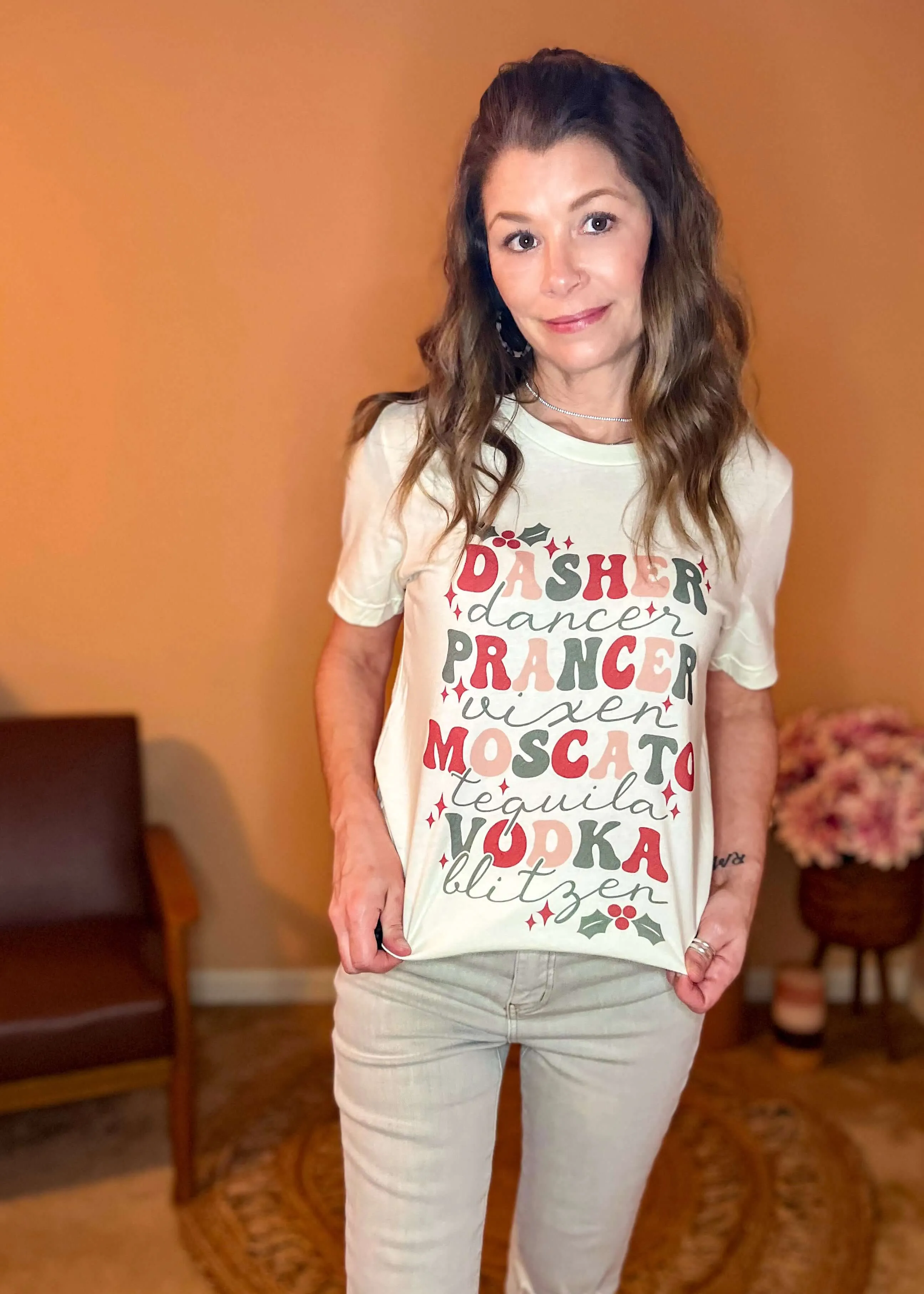 Dasher Prancer Moscato Tequlia Vodka Holiday Graphic Tee