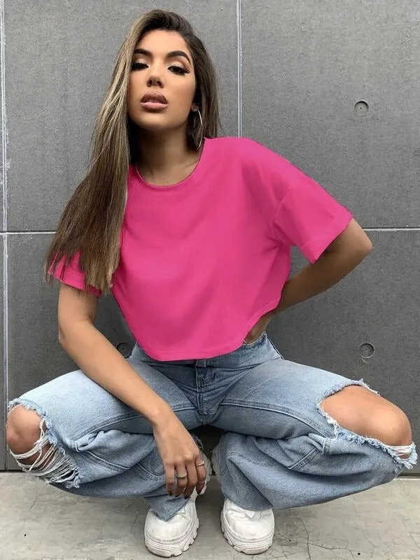 DROP SHOULDER OVERSIZED SOLID TEE-FUCHSIA