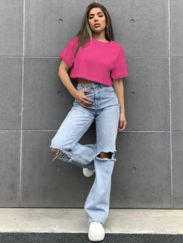 DROP SHOULDER OVERSIZED SOLID TEE-FUCHSIA