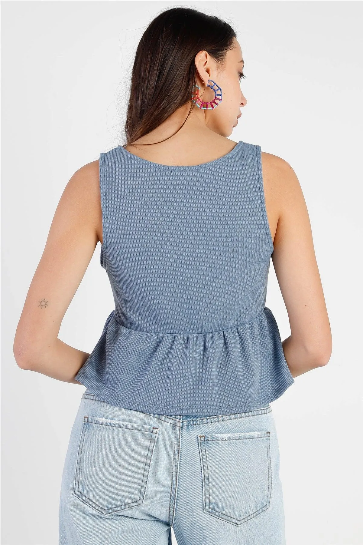 Dusty Blue Waffle Knit Ruffle Hem V-Neck Sleeveless Top /3-1-1