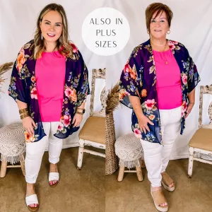 Forever Friends Floral Print Short Sleeve Kimono in Dusty Navy Blue