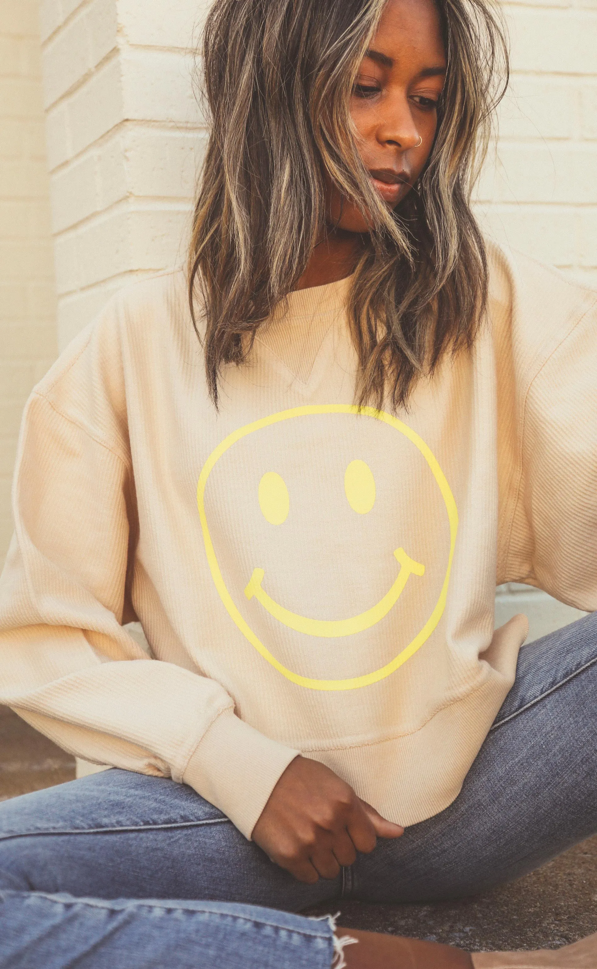 friday   saturday: smiley face crop corded sweatshirt