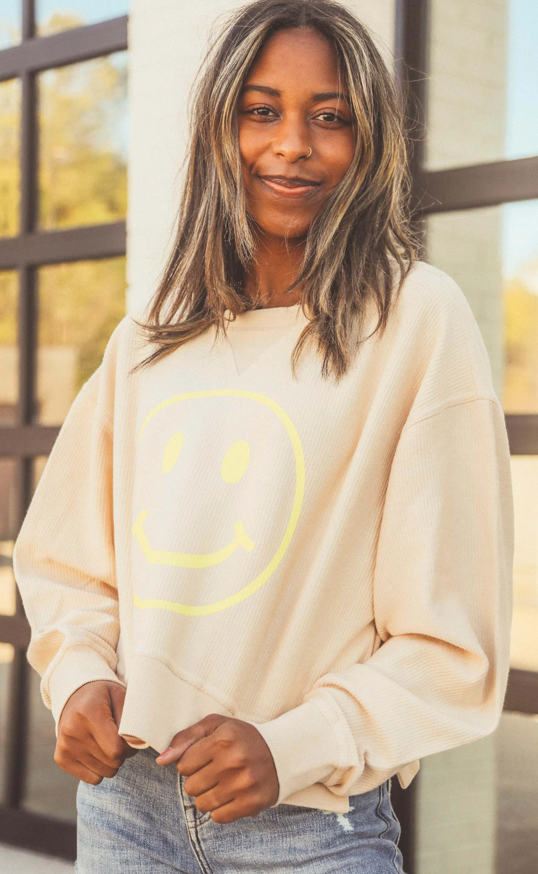 friday   saturday: smiley face crop corded sweatshirt