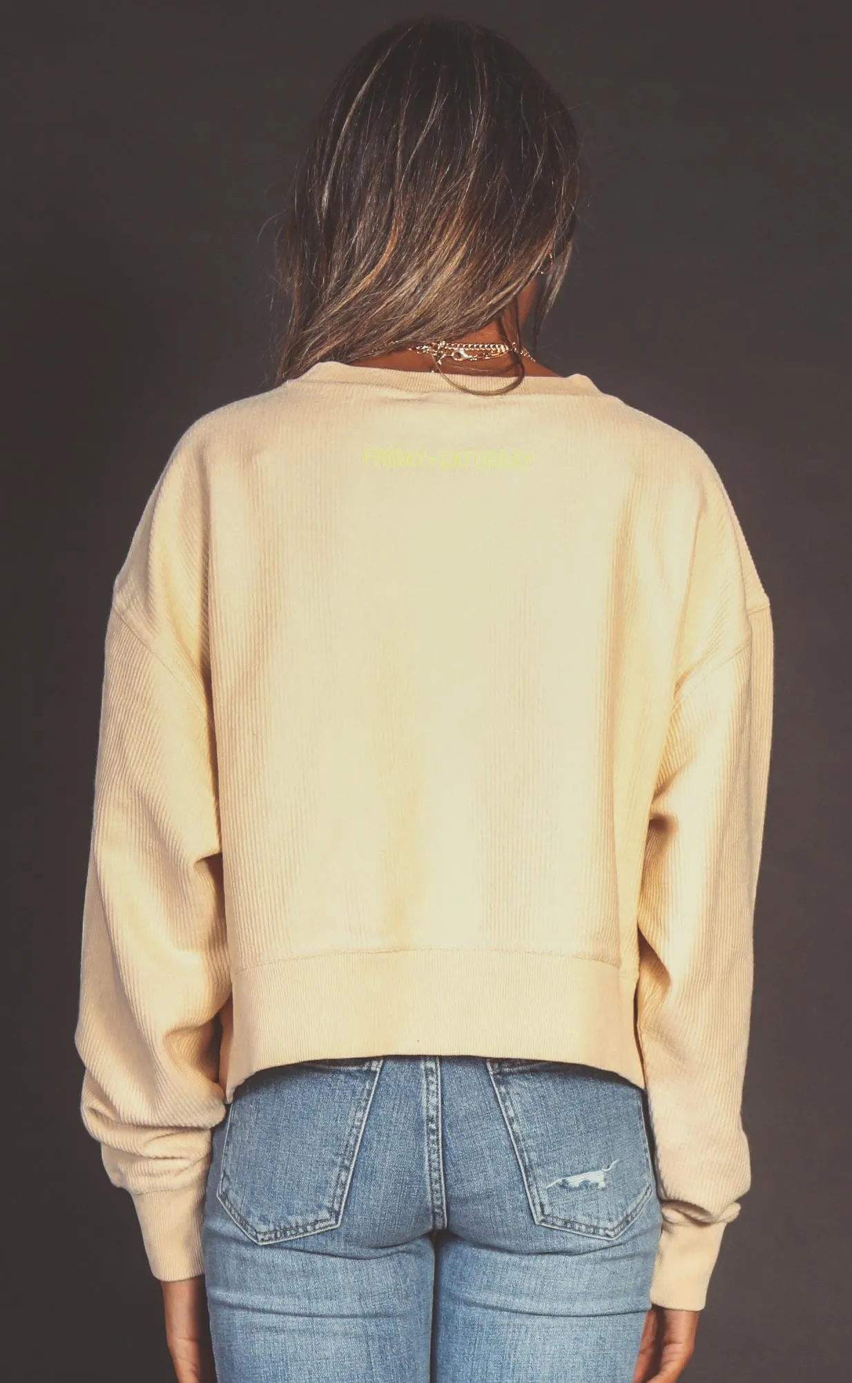 friday   saturday: smiley face crop corded sweatshirt