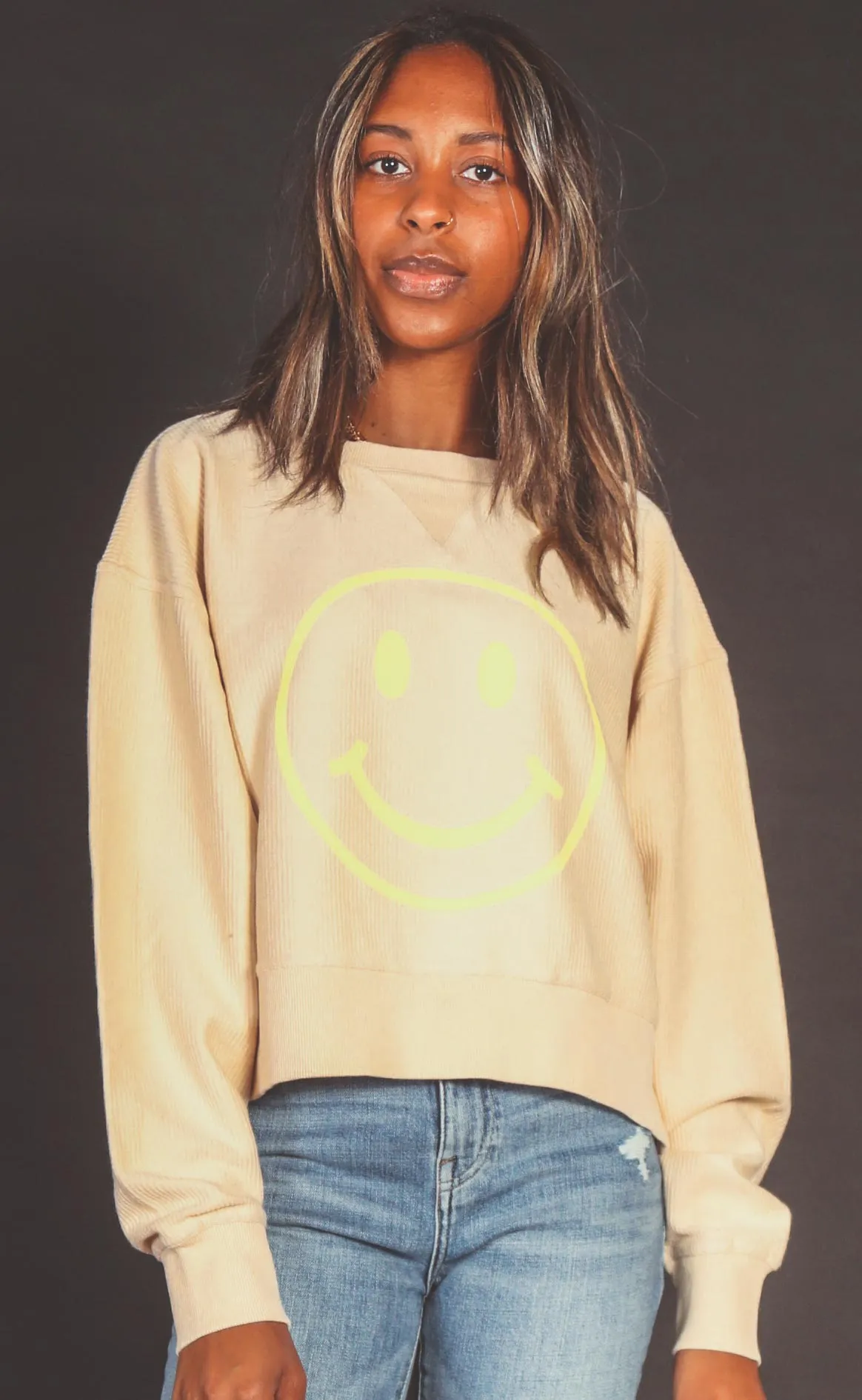 friday   saturday: smiley face crop corded sweatshirt