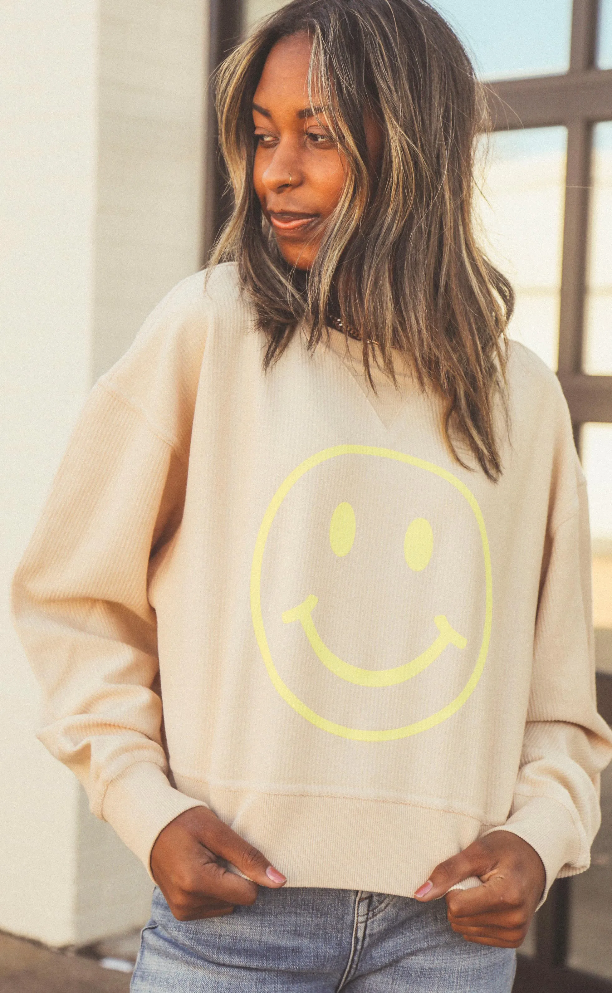 friday   saturday: smiley face crop corded sweatshirt