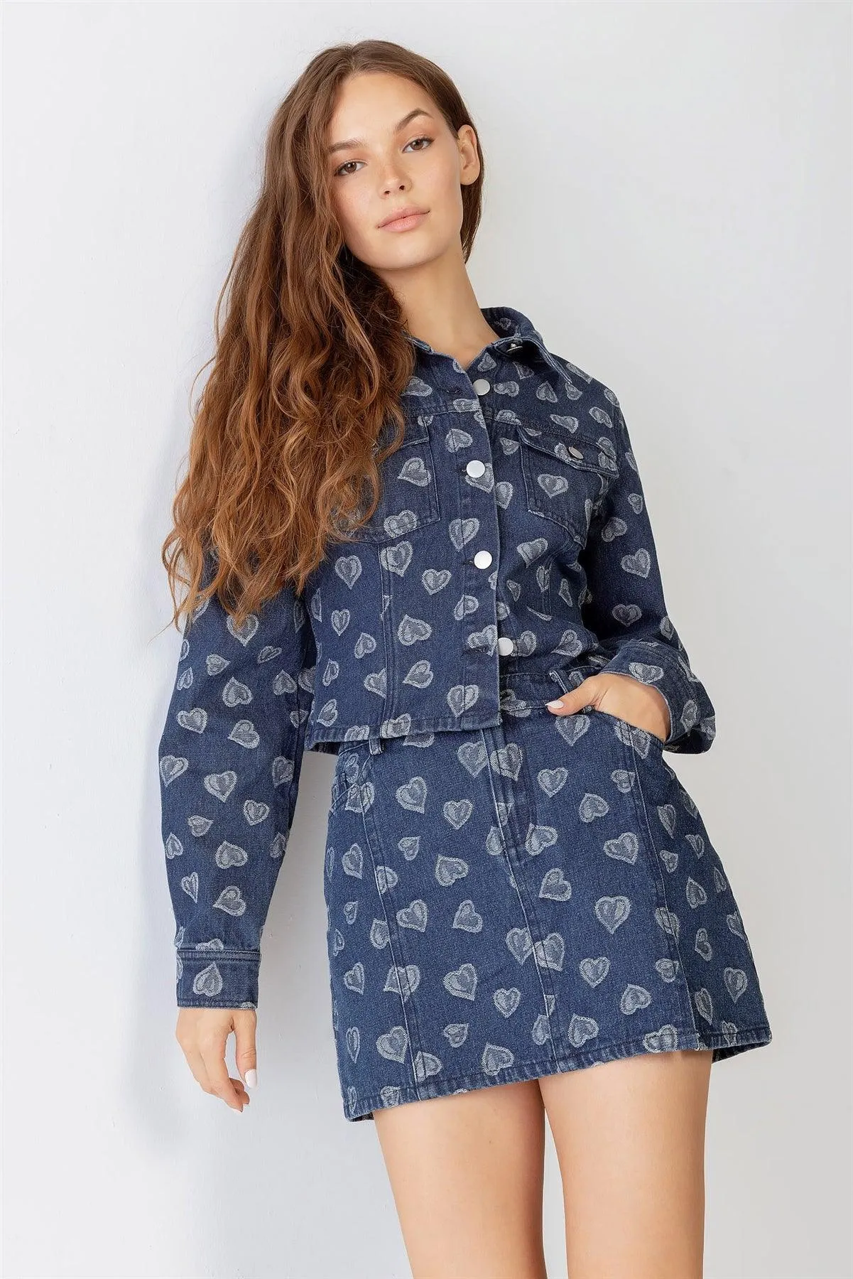 Indigo Heart Print Denim Collared Button-Up Crop Top & High Waist Mini Skirt Set /1-2-2-1