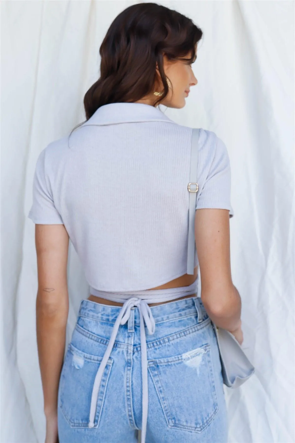 Light Grey Ribbed Wrap Short Sleeve Collared Crop Top /3-2-1