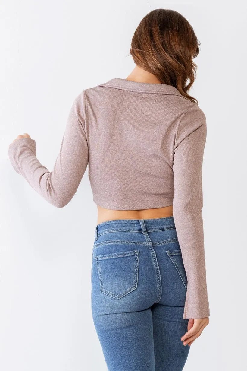 Mauve Collared V-Neck Button-Up Long Sleeve Crop Top /3-2-1