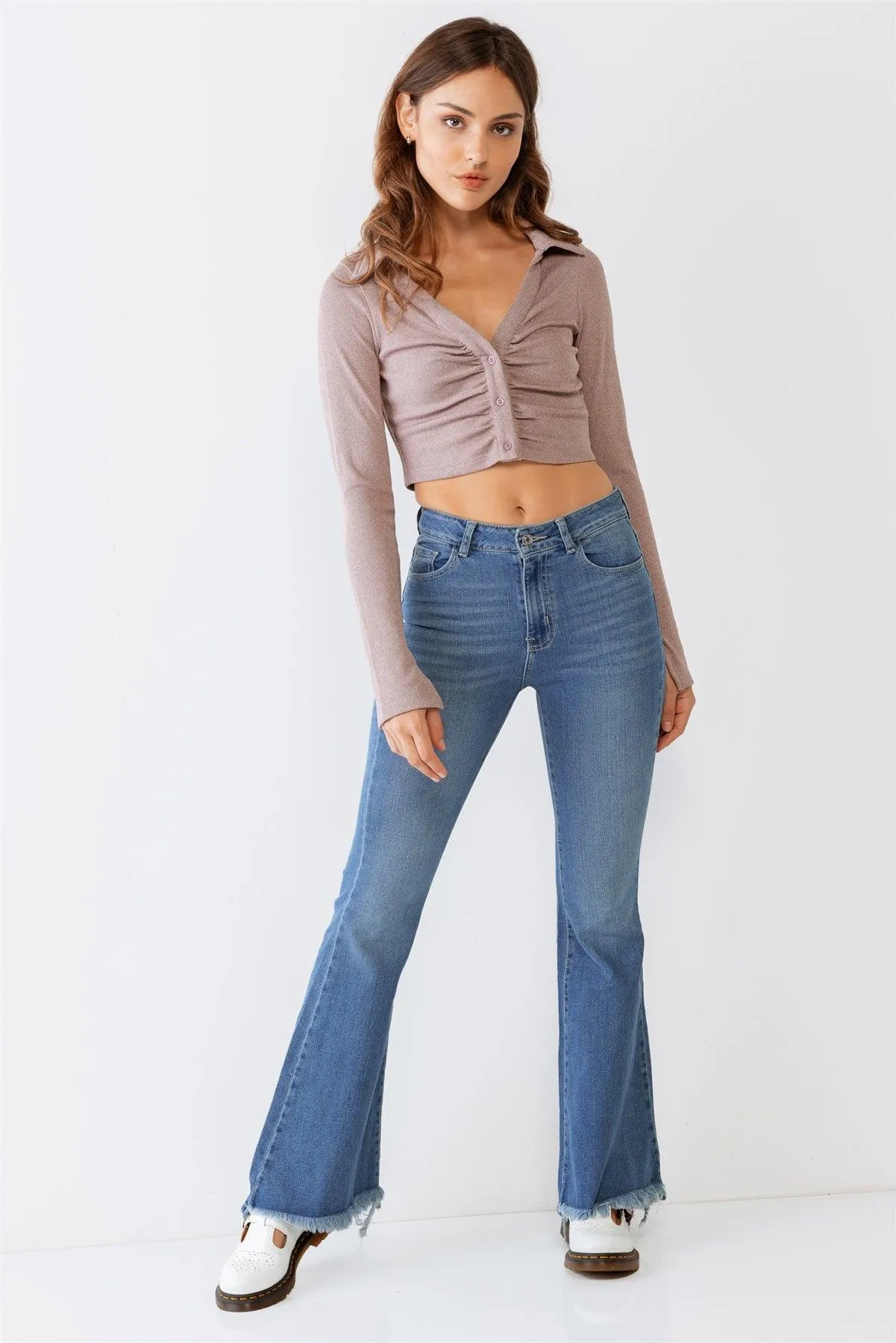 Mauve Collared V-Neck Button-Up Long Sleeve Crop Top /3-2-1