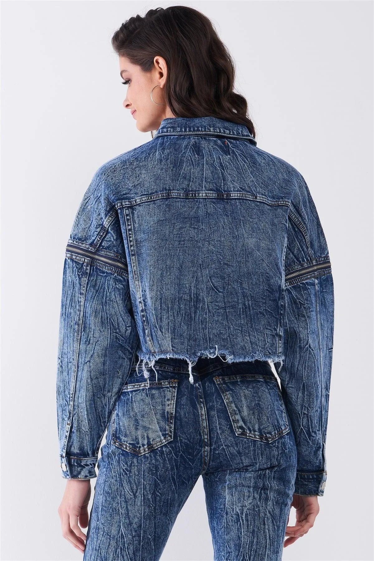 Medium Blue Wrinkled Denim Raw Hem Detachable Balloon Sleeve Detail Button-Down Convertible Cropped Jacket /3-2-1