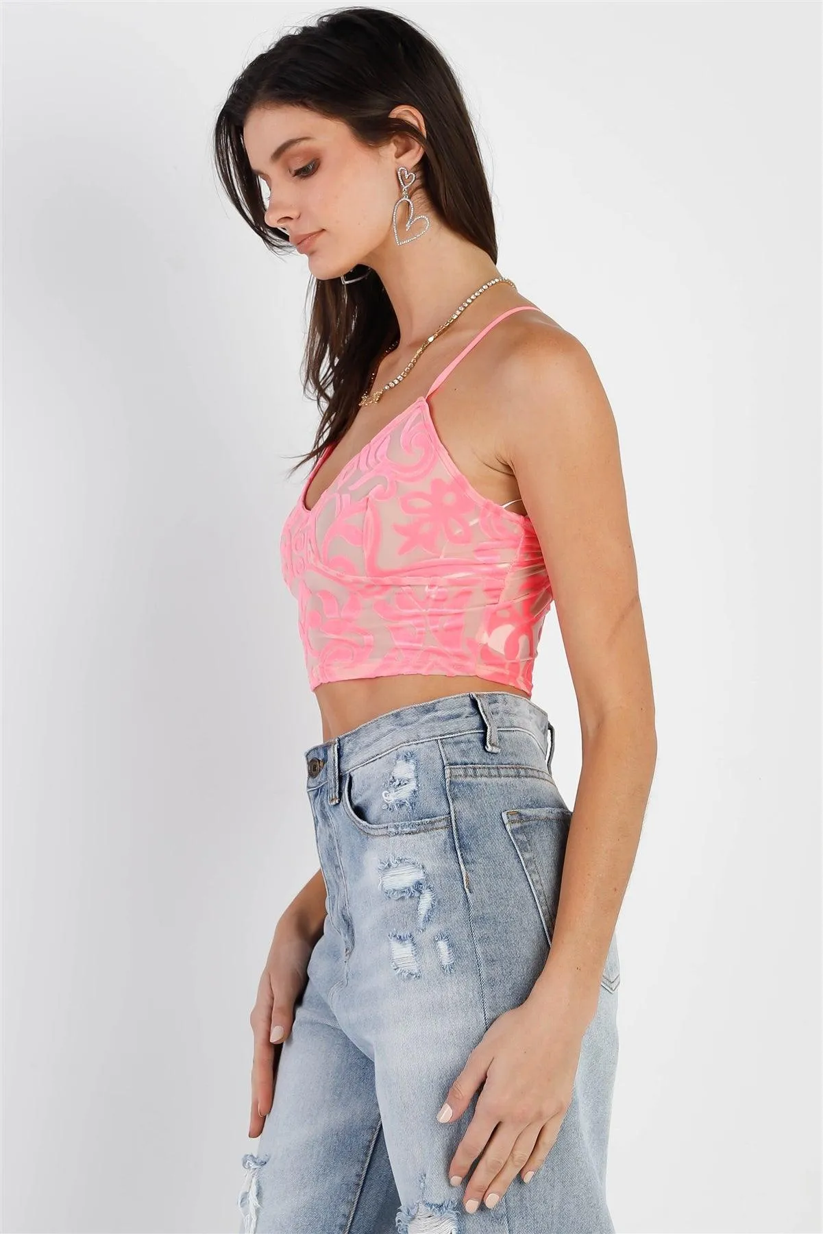 Neon Pink Mesh Velvet Print Criss-Cross Back Sleeveless Crop Top /2-2