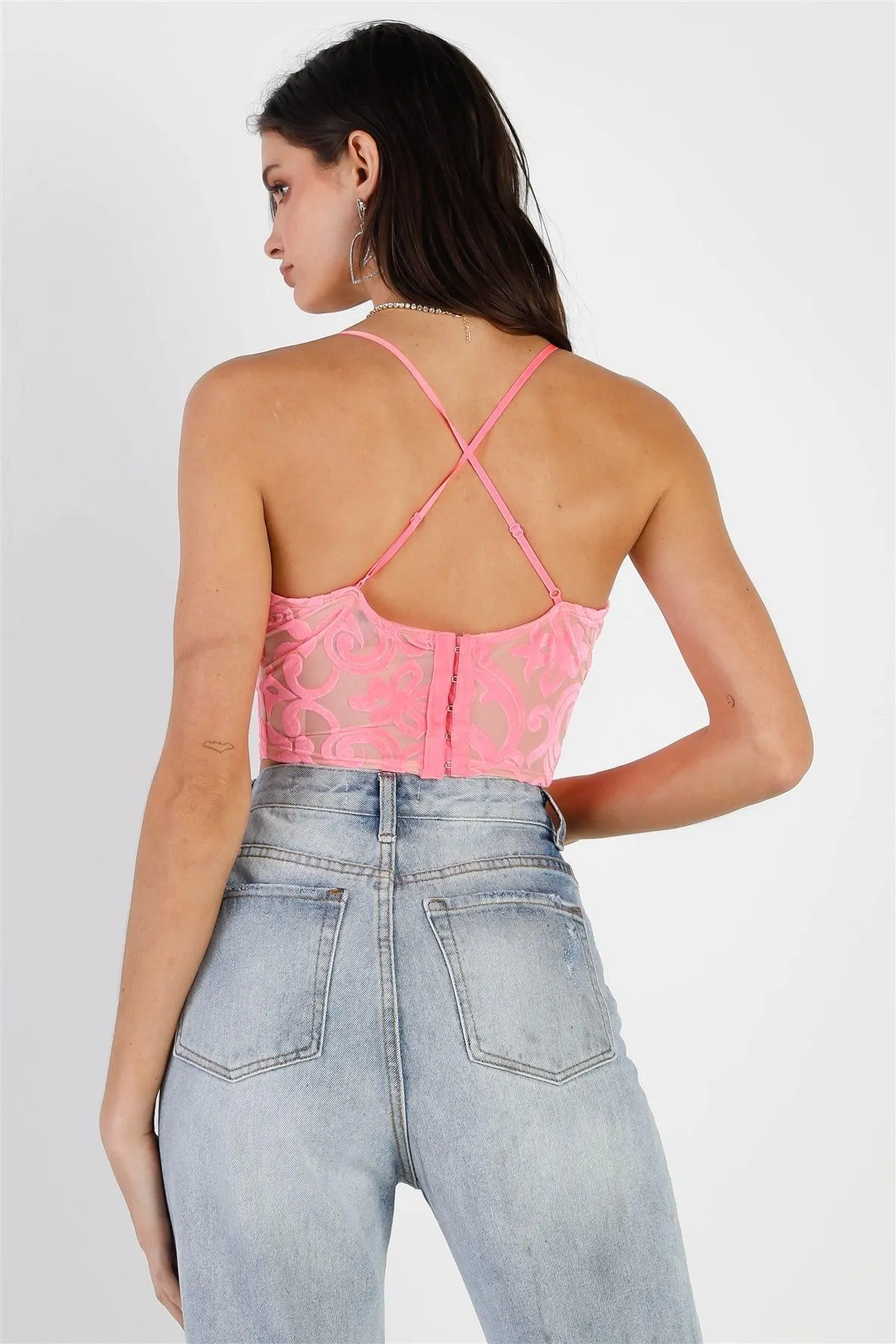 Neon Pink Mesh Velvet Print Criss-Cross Back Sleeveless Crop Top /2-2