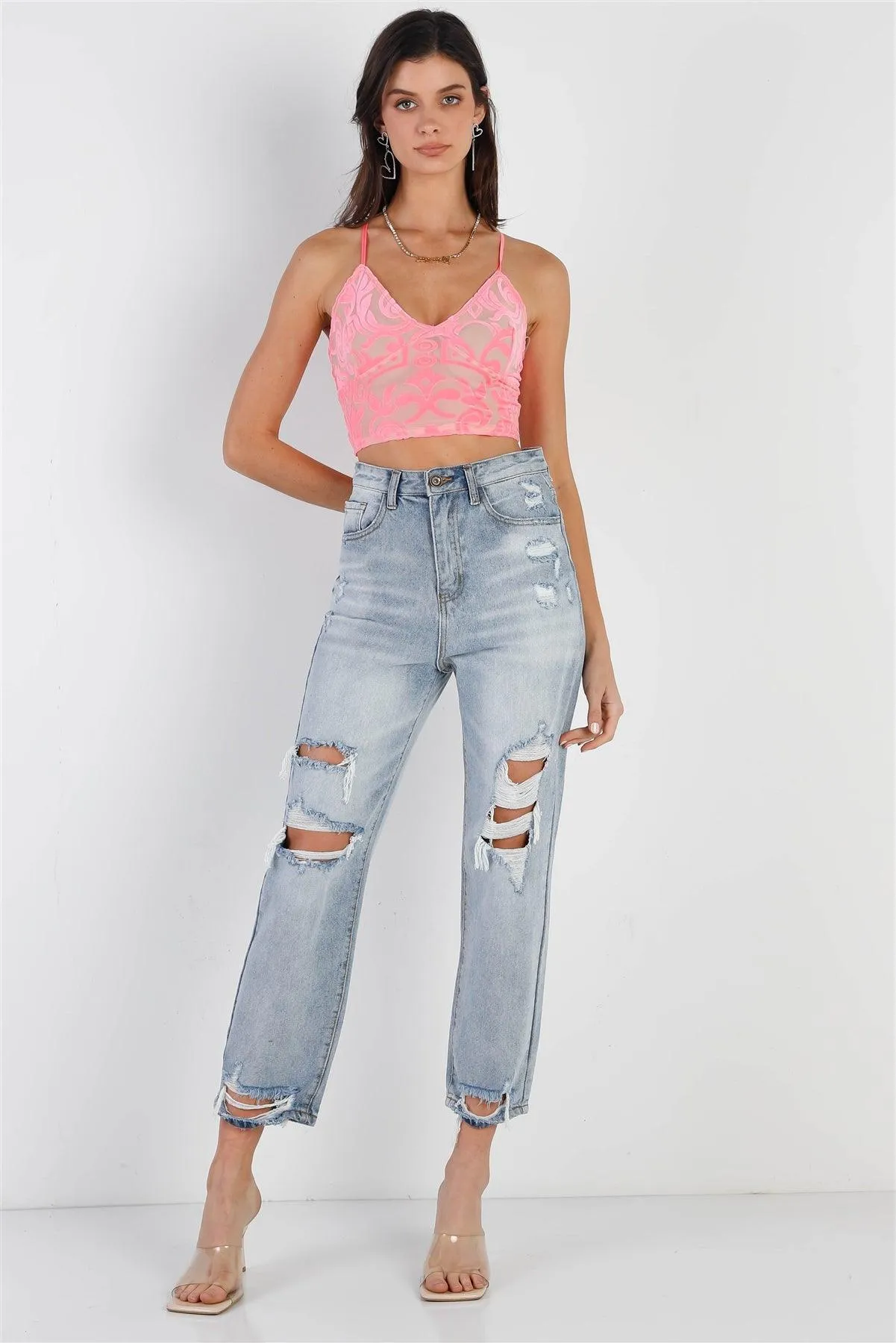 Neon Pink Mesh Velvet Print Criss-Cross Back Sleeveless Crop Top /2-2