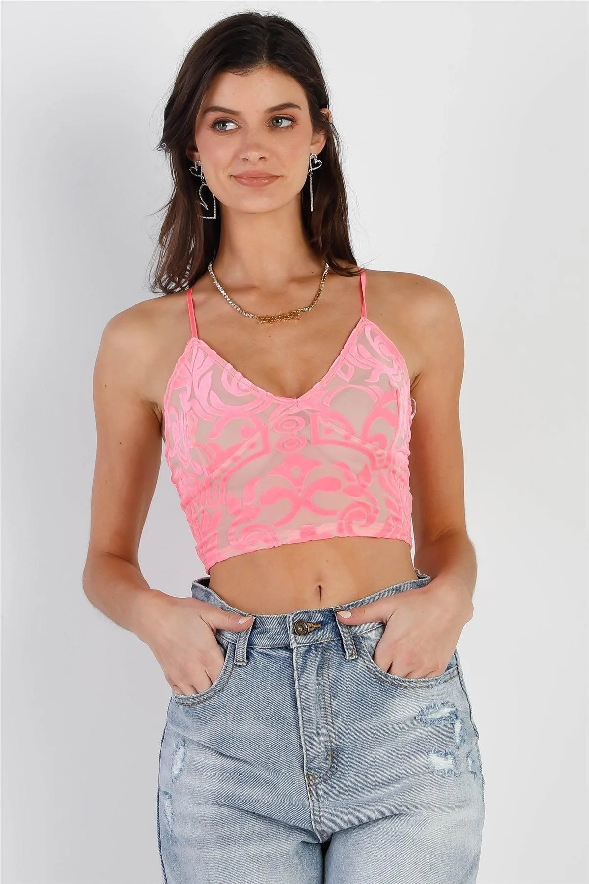 Neon Pink Mesh Velvet Print Criss-Cross Back Sleeveless Crop Top /2-2