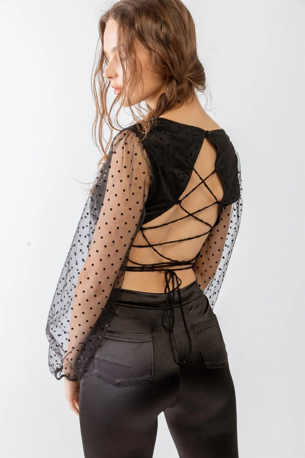 Organza Mesh Polka Dot Sweetheart Neck Puff Sheer Sleeve Crop Top