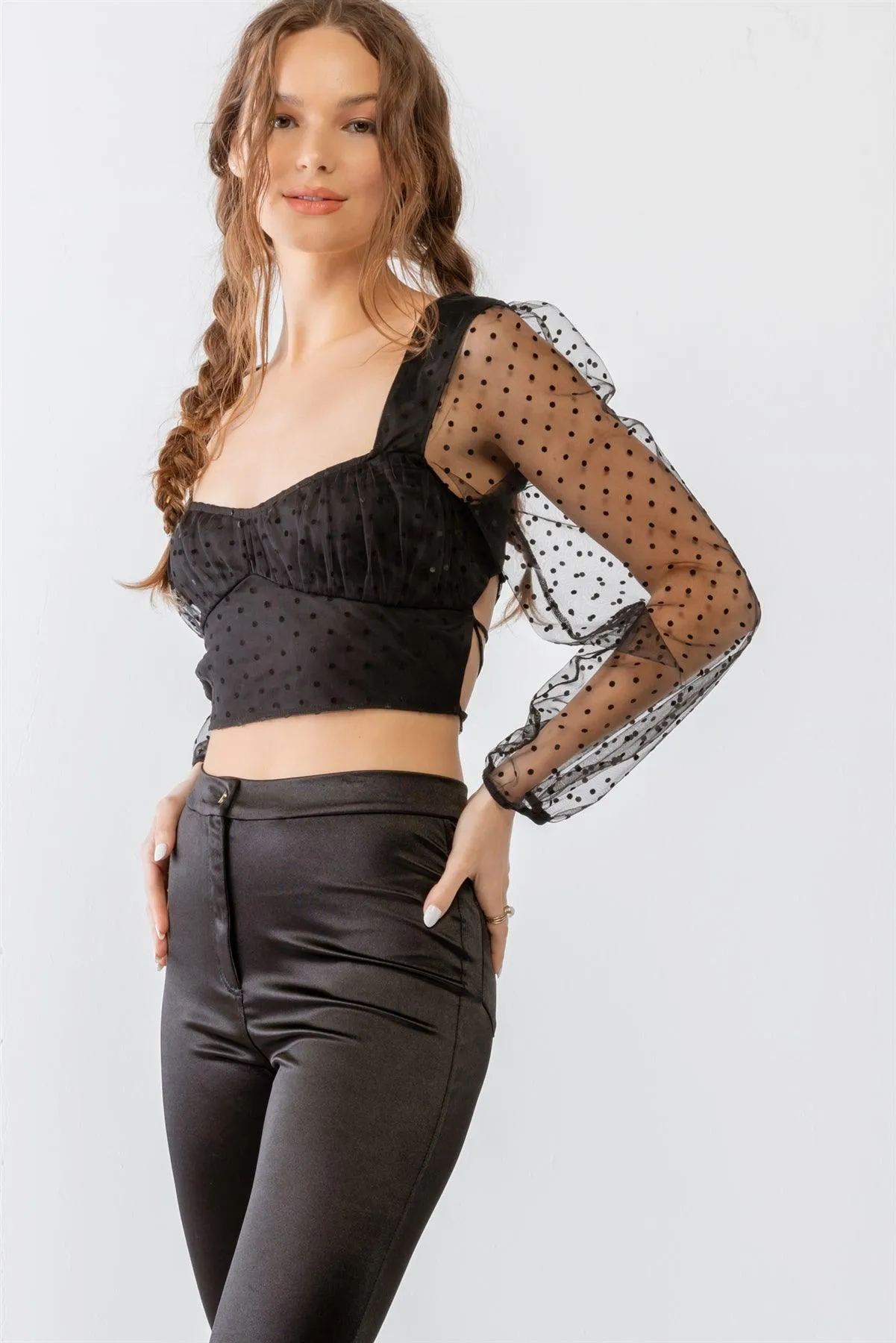 Organza Mesh Polka Dot Sweetheart Neck Puff Sheer Sleeve Crop Top