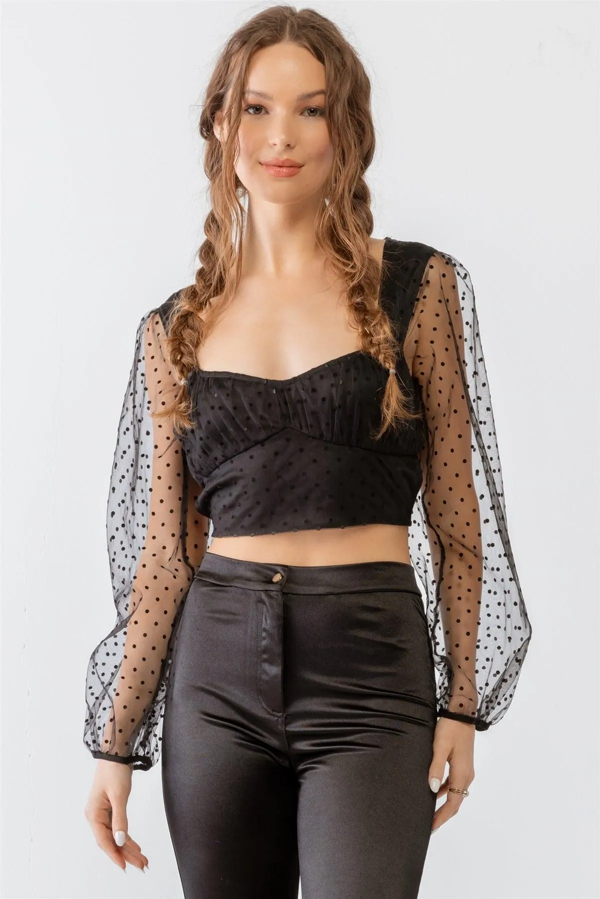 Organza Mesh Polka Dot Sweetheart Neck Puff Sheer Sleeve Crop Top