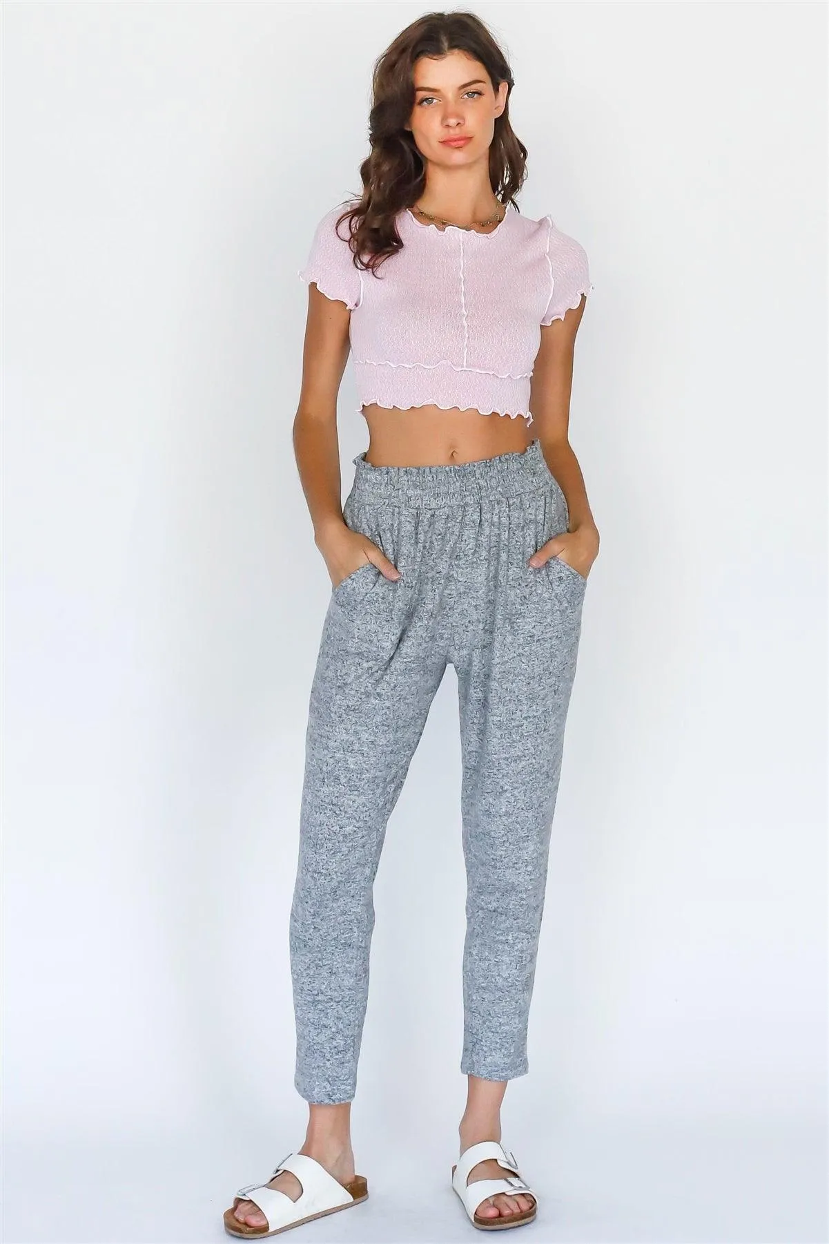 Pink & White Knit Lettuce Edge Stitch Detail Crop Top /3-2-1