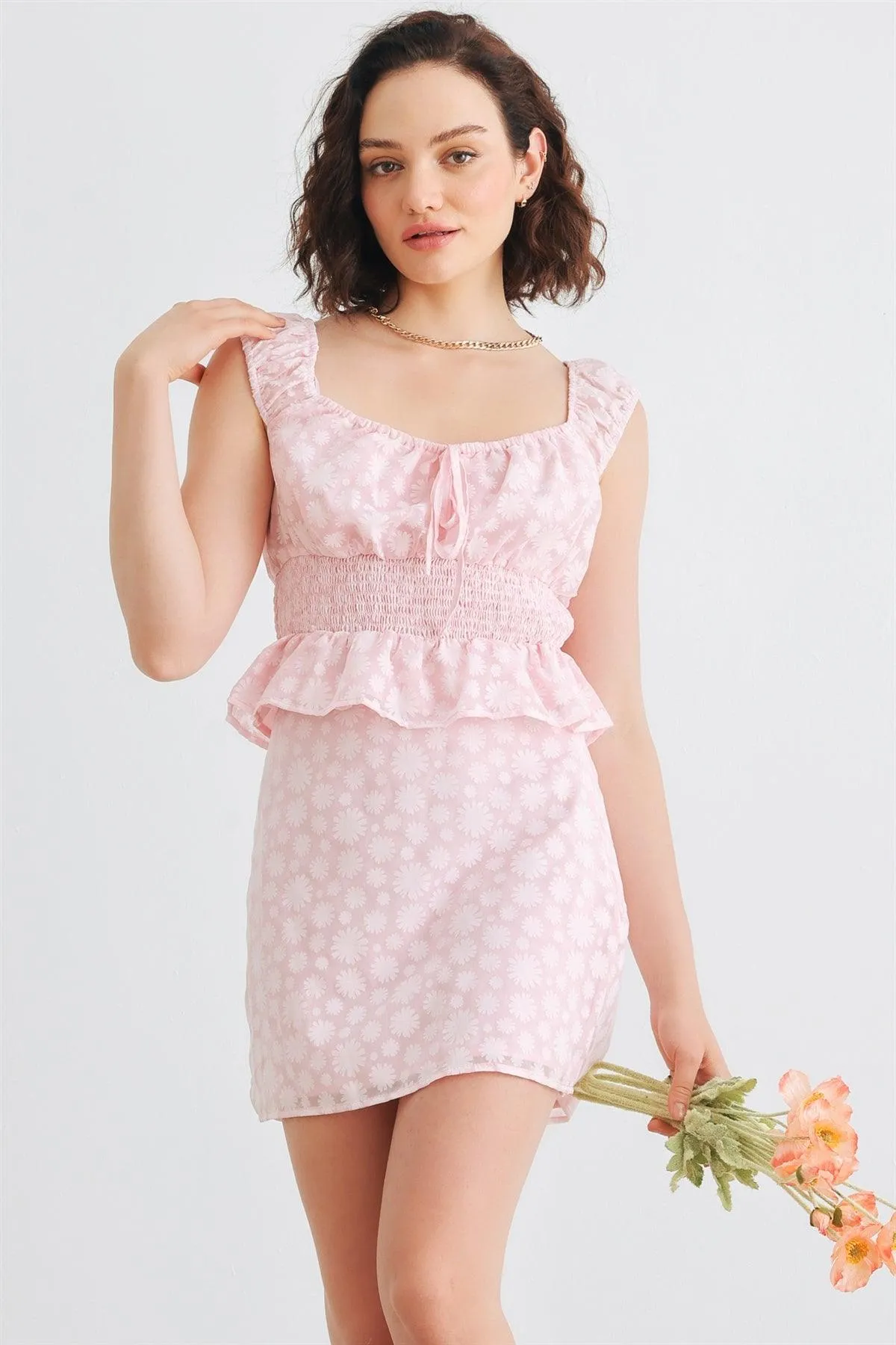 Pink Floral Smocked Sleeveless Crop Top & High Waist Mini Skirt Set