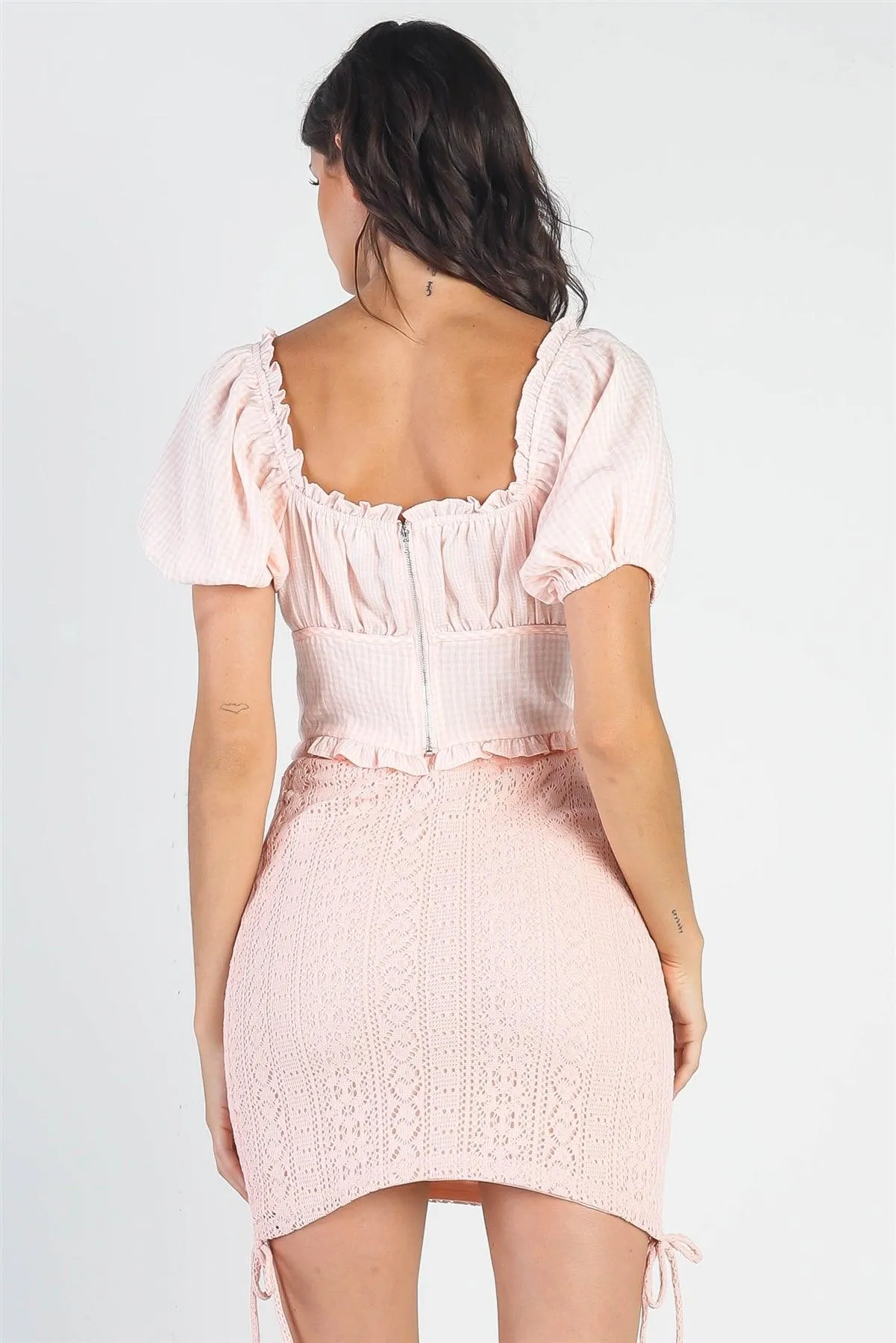 Pink Gingham Ruffle Self-Tie Detail Short Sleeve Crop Top /2-3-1