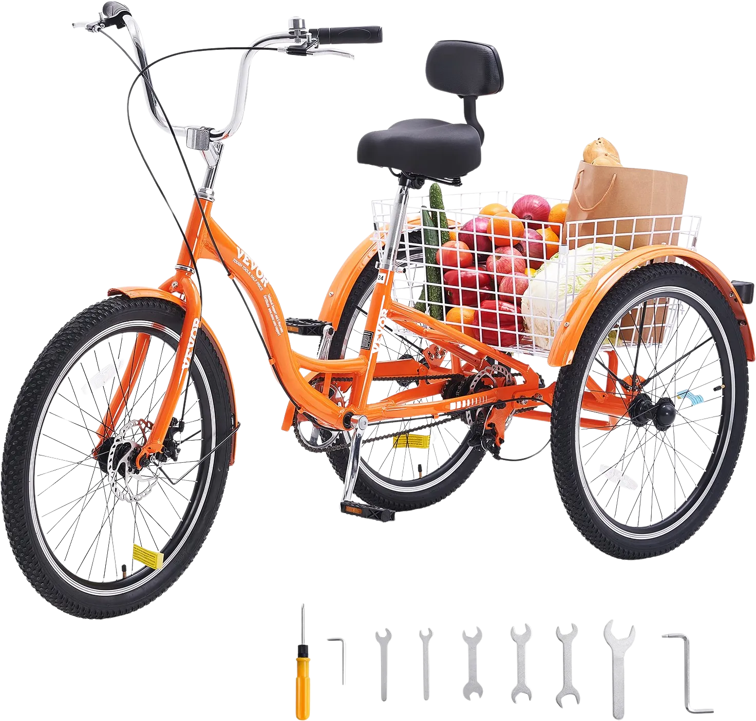 Vevor Adult Tricycle 24" 1-Speed Aluminum Alloy Cruiser with Backrest Seat Cushion and Basket New