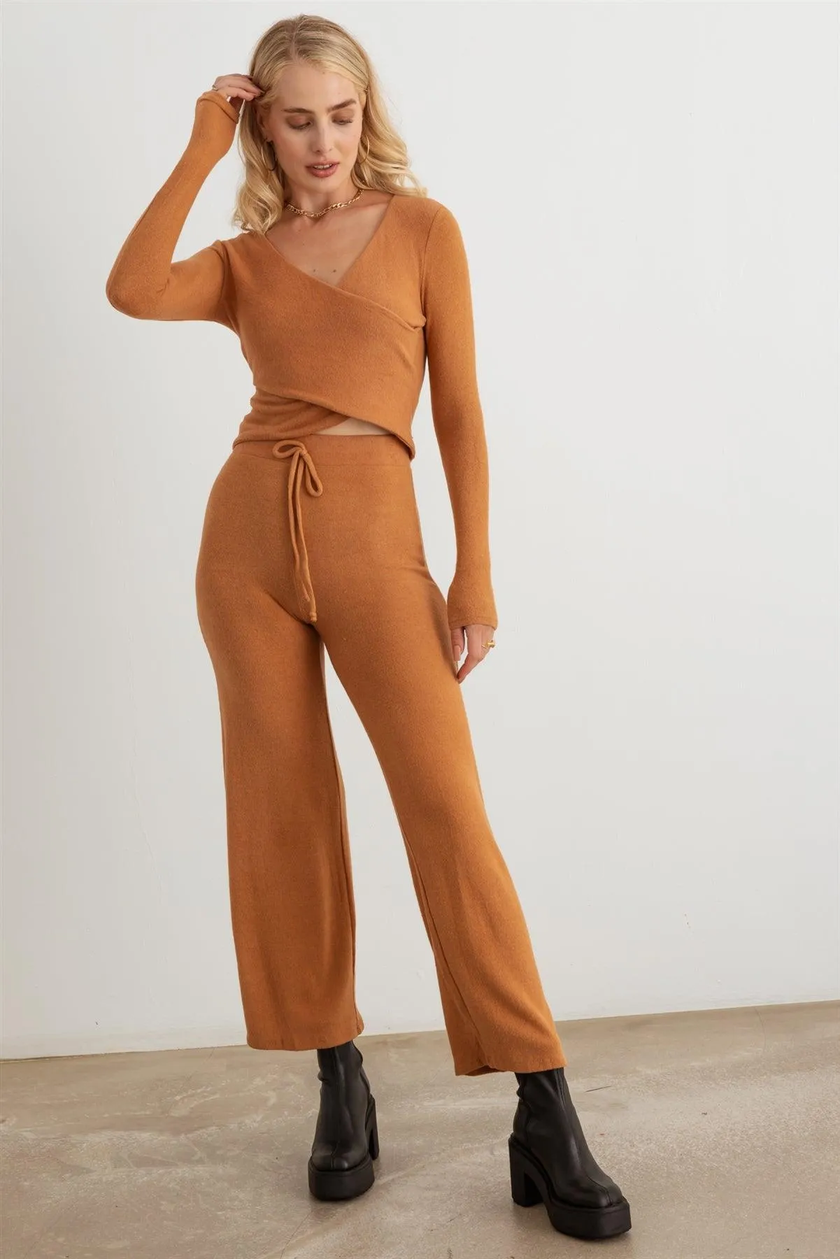 Wrap Long Sleeve Crop Top & High Waist Pants Soft To Touch Set