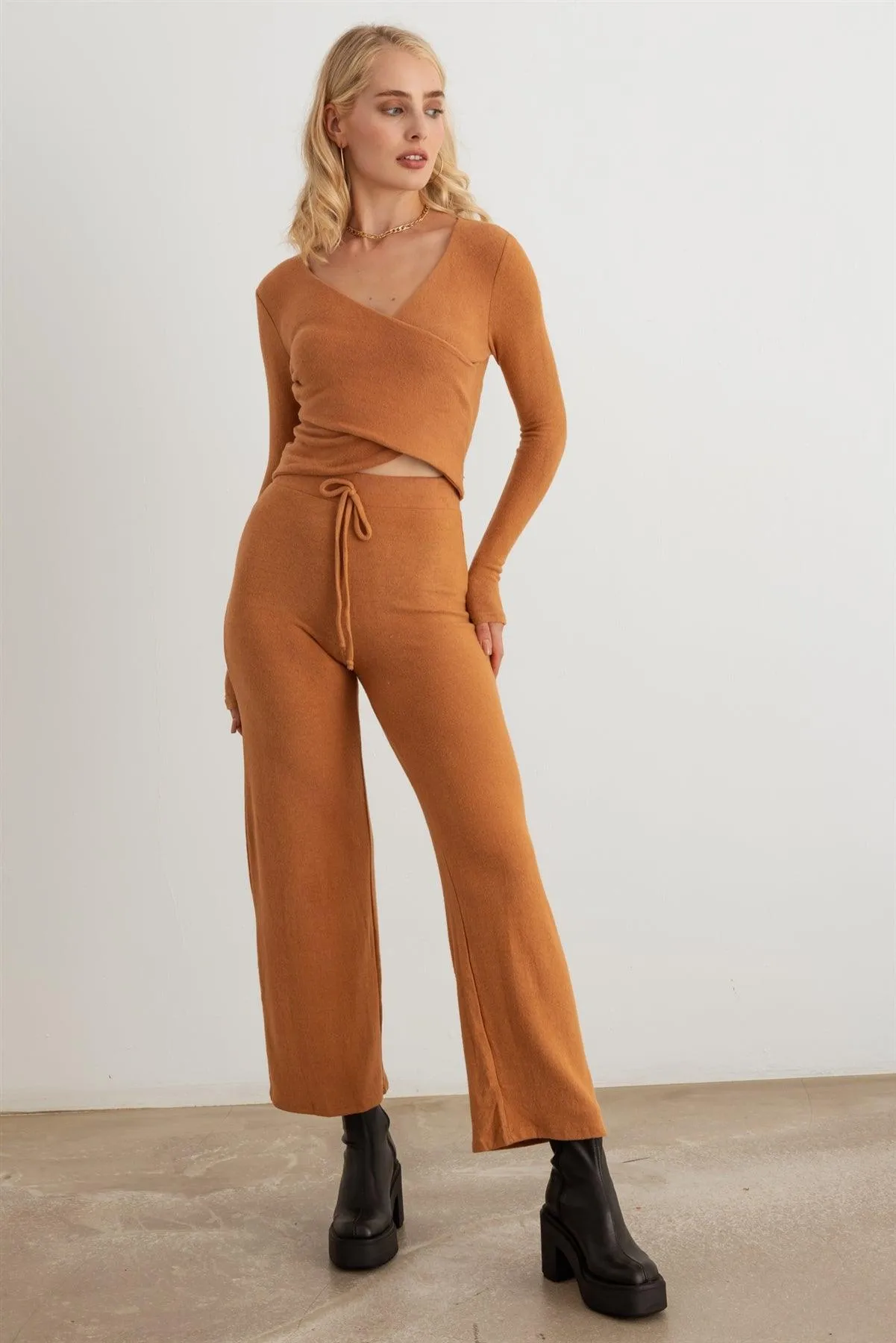 Wrap Long Sleeve Crop Top & High Waist Pants Soft To Touch Set