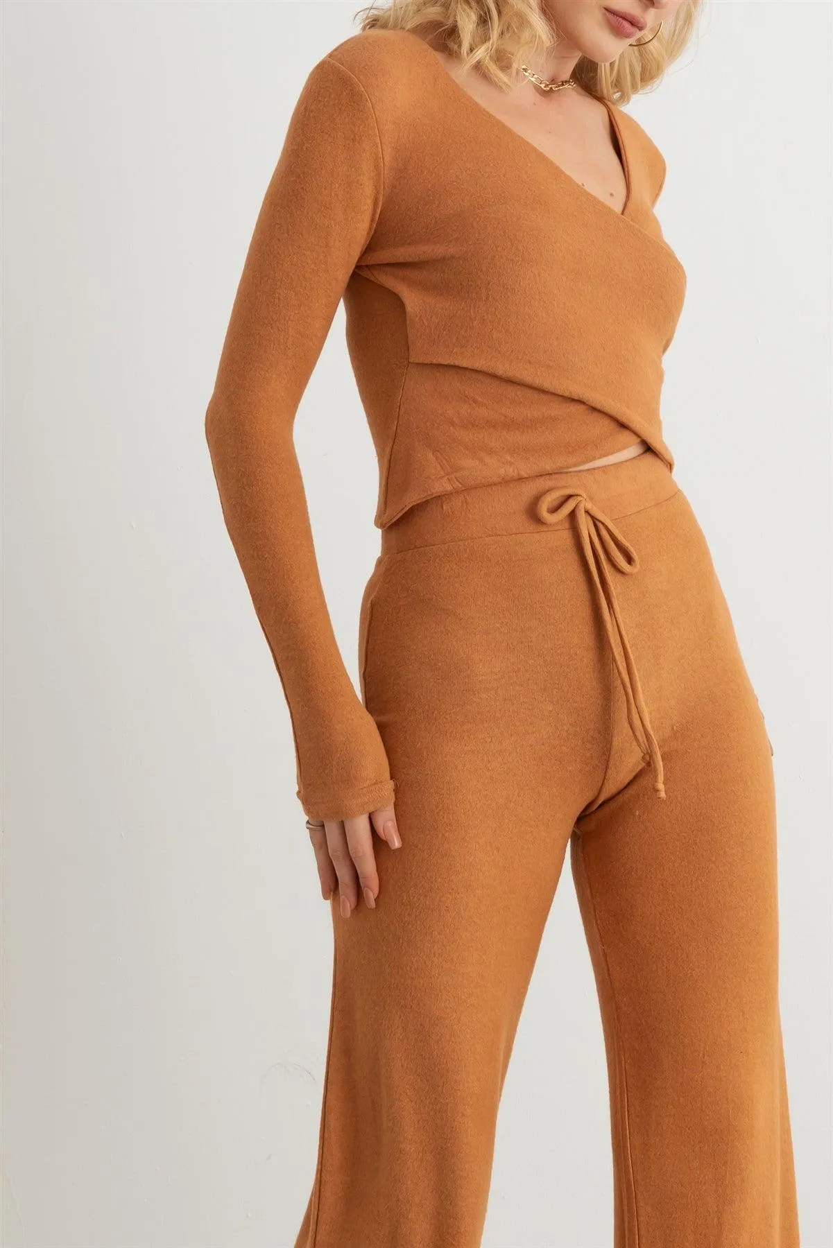 Wrap Long Sleeve Crop Top & High Waist Pants Soft To Touch Set